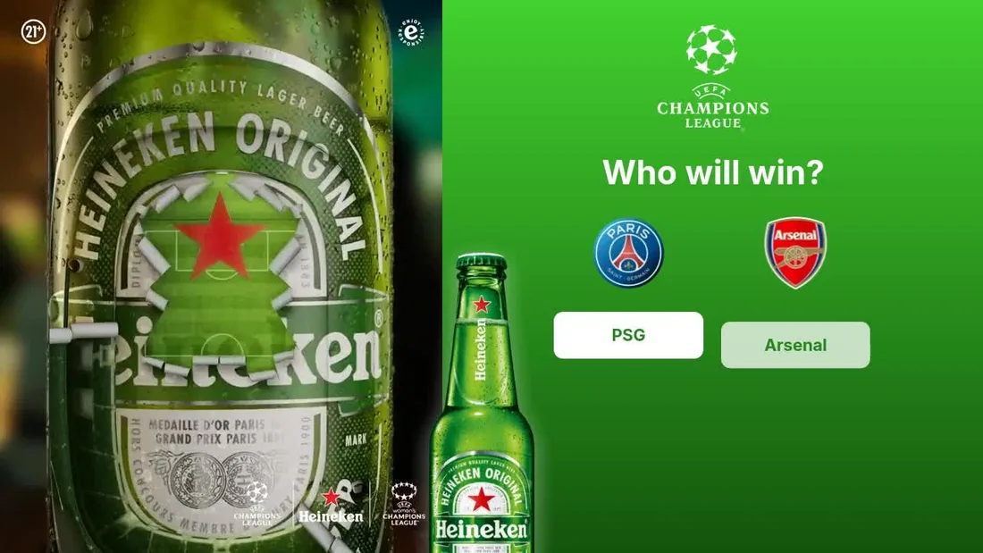Heineken Champions League video creative with an interactive PSG and Arsenal team choice