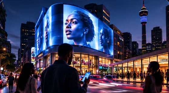 People moving through a city surrounded by connected outdoor media