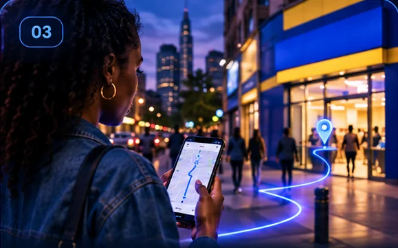 A shopper following a mobile map towards a nearby store
